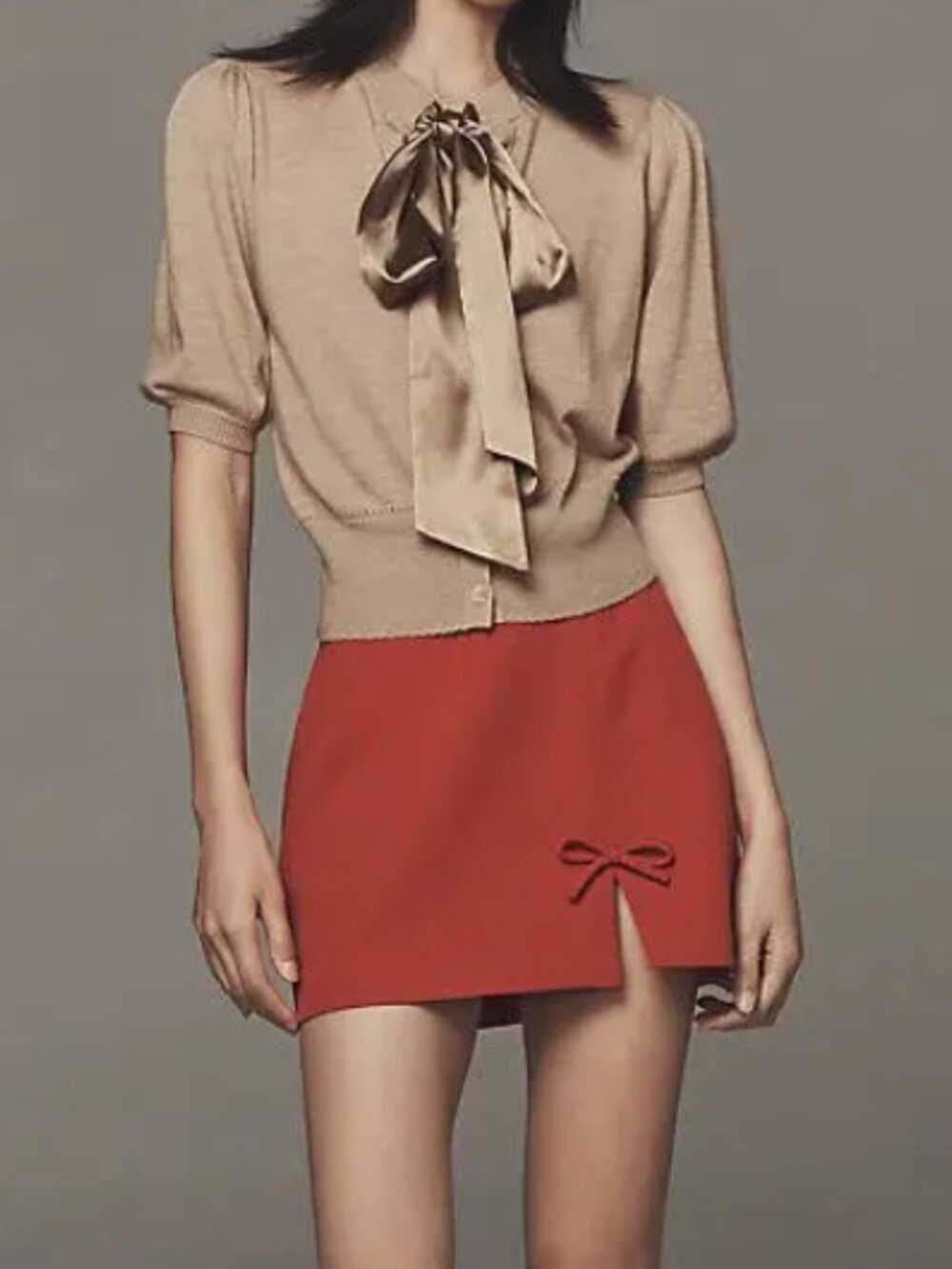 Maeve Puff Sleeve Bow Front Cardigan, Camel, Size 1X, NwT